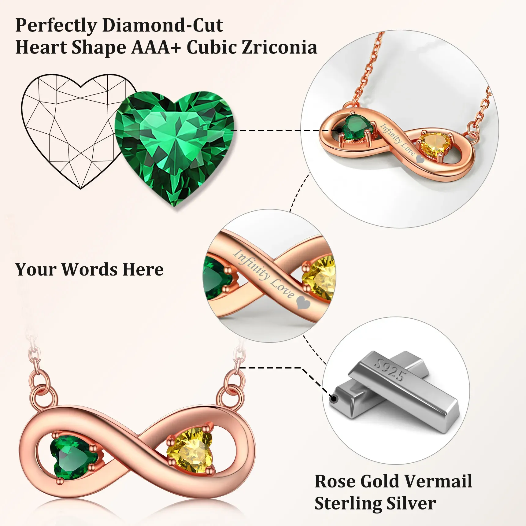 Collier Infini Personnalisé avec Gravure et Pierres de Naissance pour Femme Détail