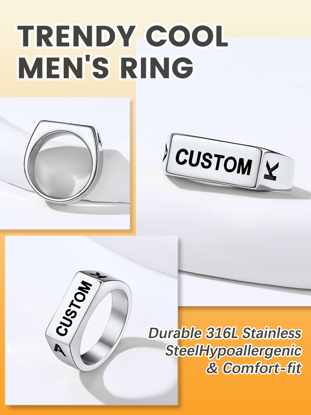 Bague Chevalière Gravée Personnalisée en acier inoxydable  pour Homme