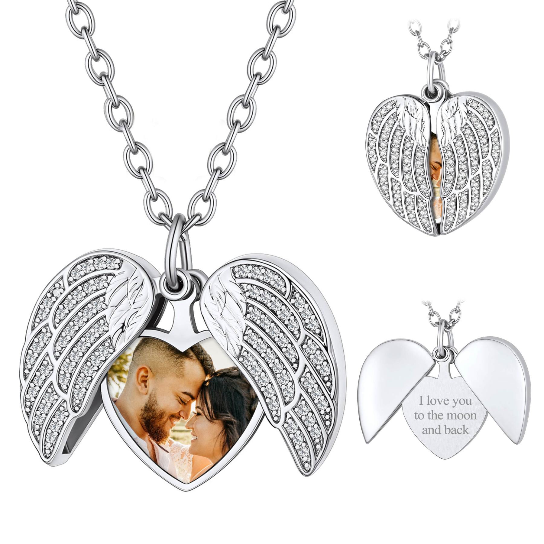 Collier Médaillon Cœur Ailes d'Ange Personnalisé avec Photo pour Femme