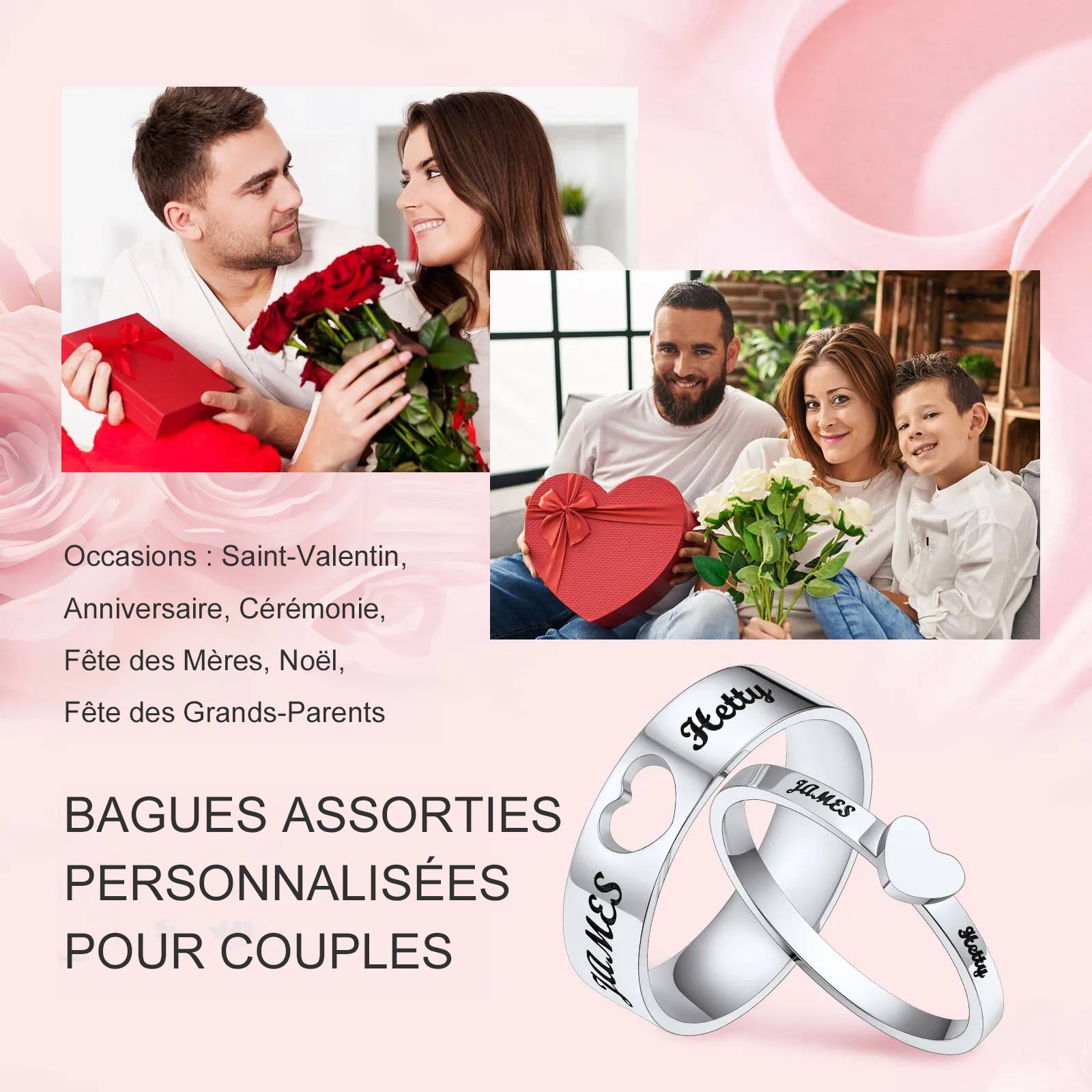 Bagues Promesse Personnalisées avec Prénoms pour Couples Occasion