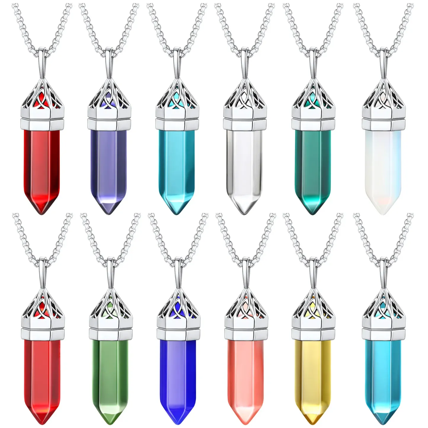 Collier Pendentif en Cristal Hexagonal avec Pierre de Naissance Synthétique Collection Argenté