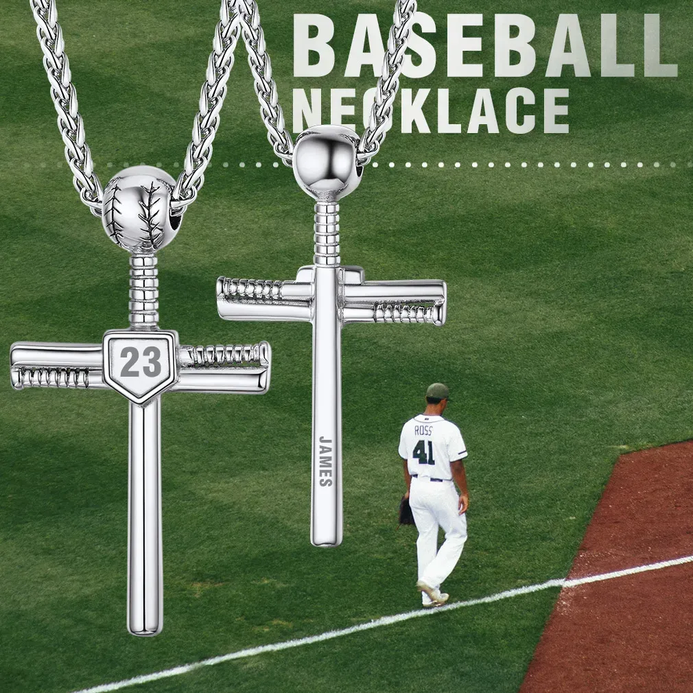 Collier Pendentif Croix de Baseball Personnalisé avec Numéro Gravé 