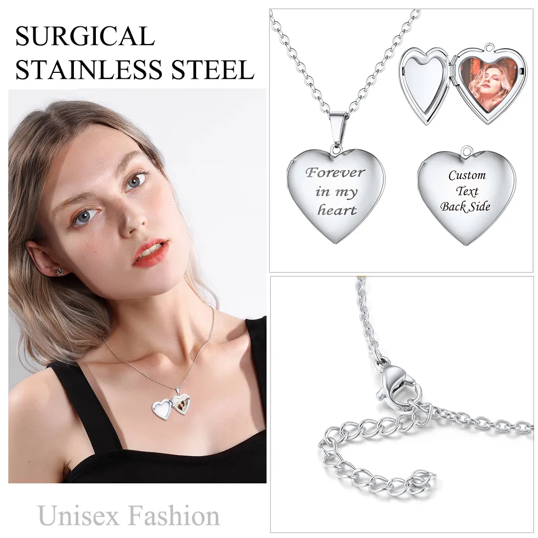 Collier Médaillon en Forme de Cœur Personnalisé avec Photo pour Femme Argenté