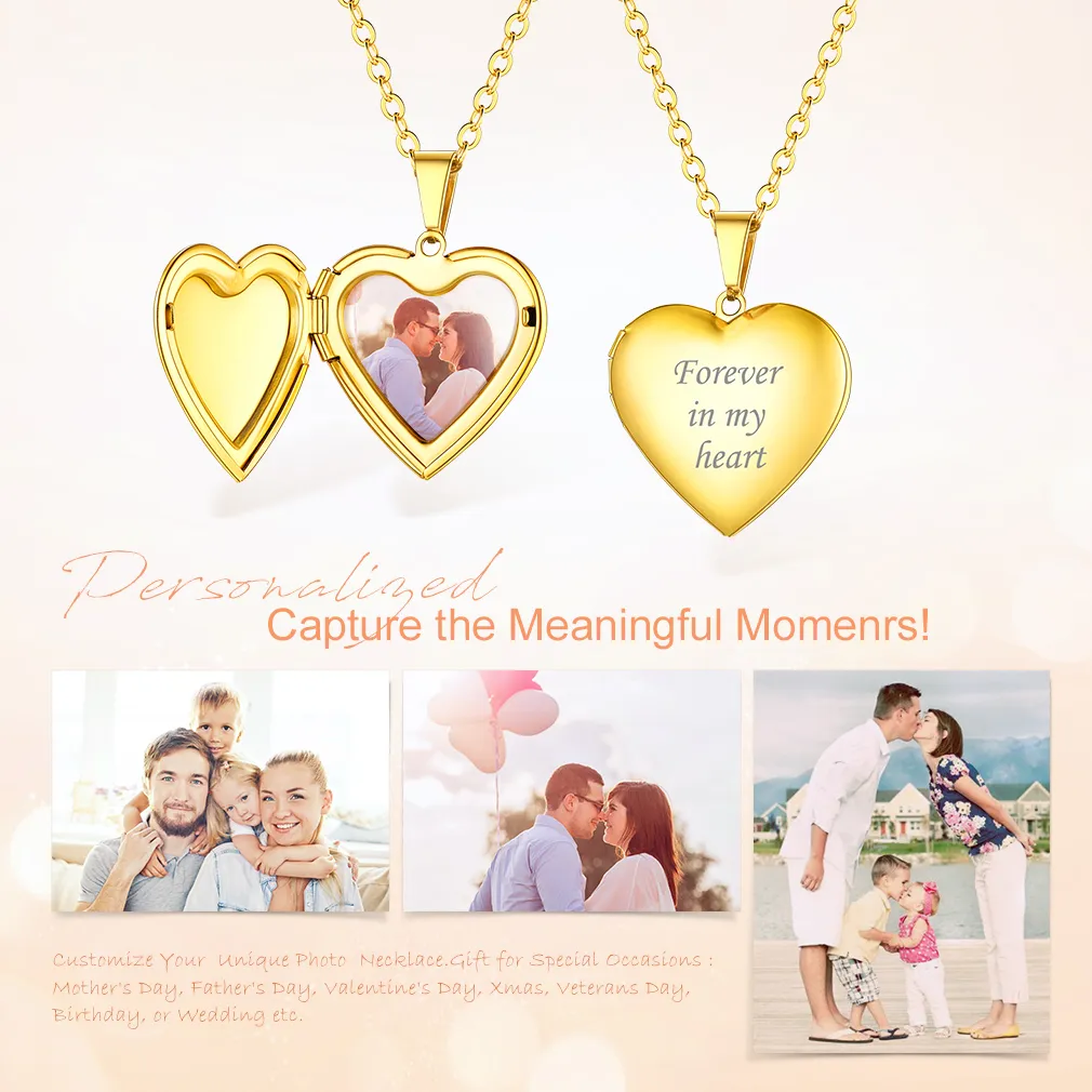 Collier Médaillon en Forme de Cœur Personnalisé avec Photo pour Femme Or