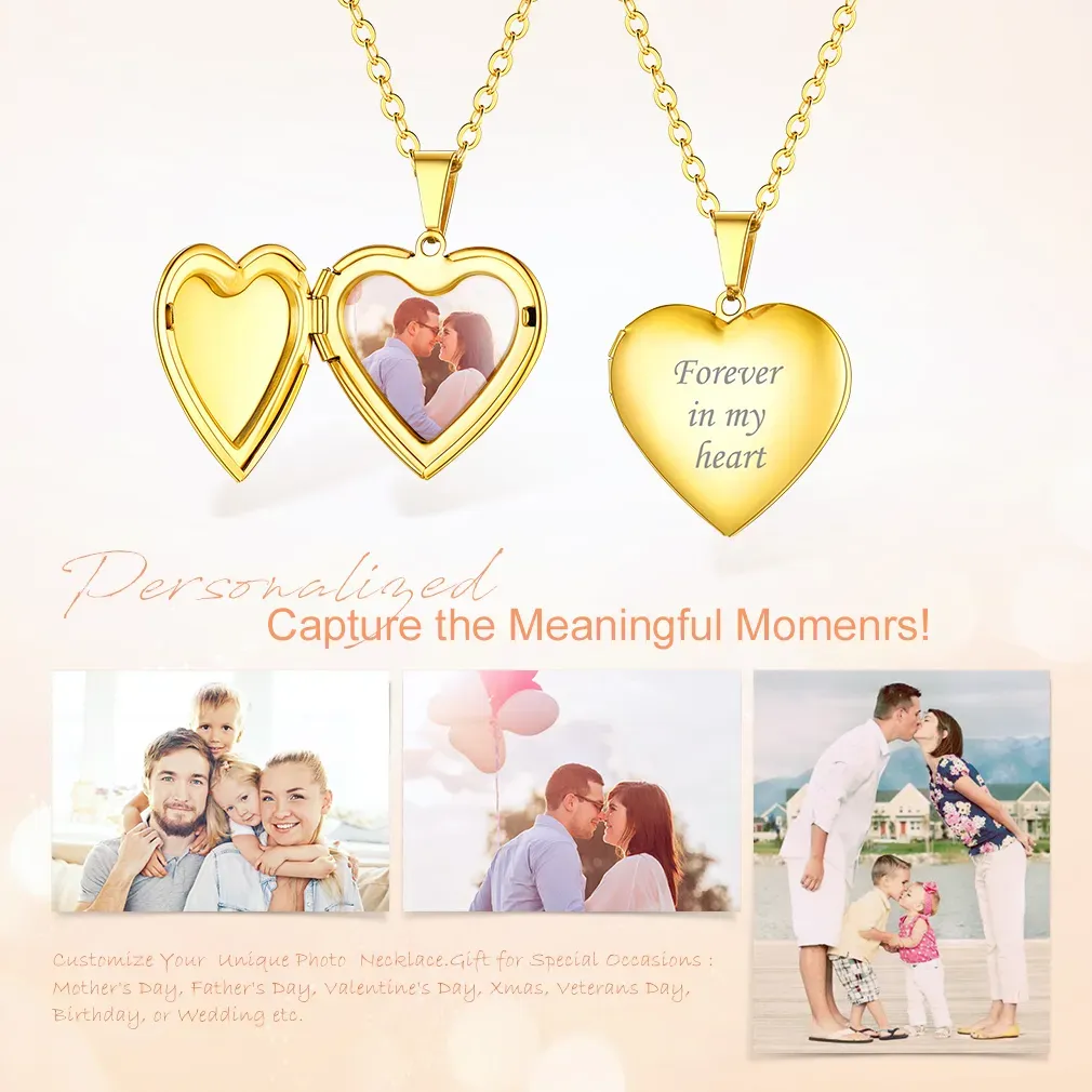 Collier Médaillon en Forme de Cœur Personnalisé avec Photo pour Femme Or