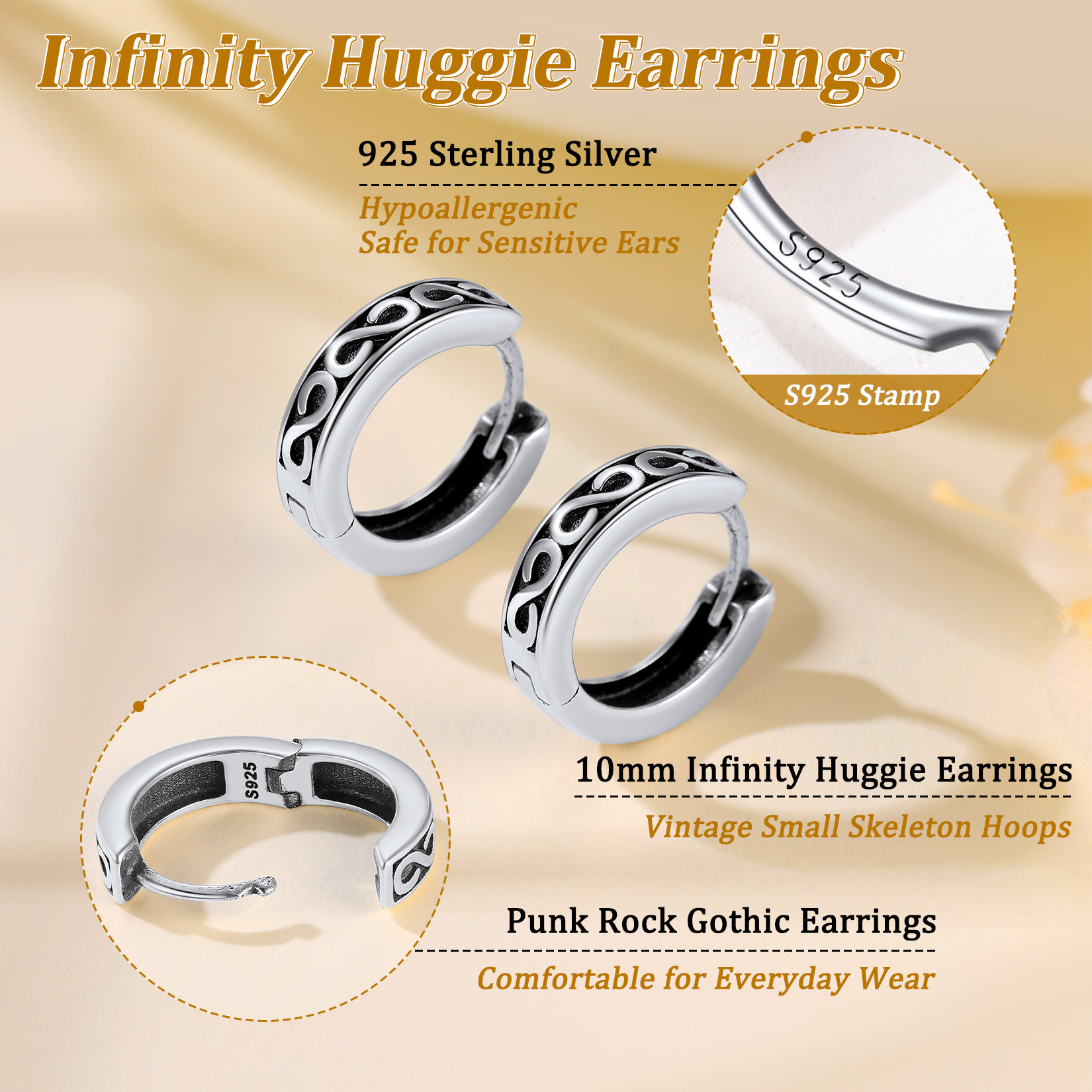  Boucles d'Oreilles Infini Créoles en Argent Sterling 925 hypoallergéniques