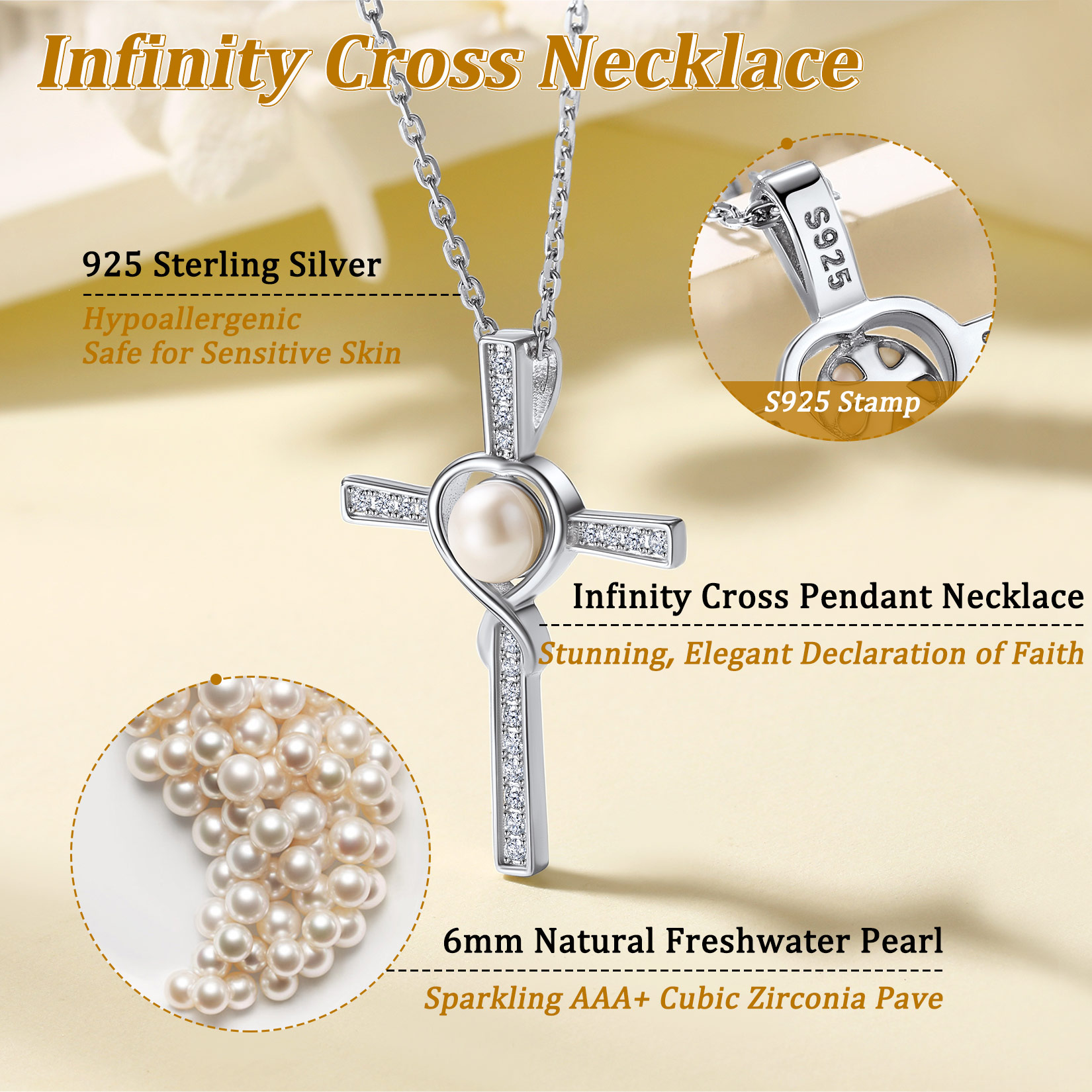 Collier Croix Infini en Argent Sterling 925 avec Perles pour Femme Détail