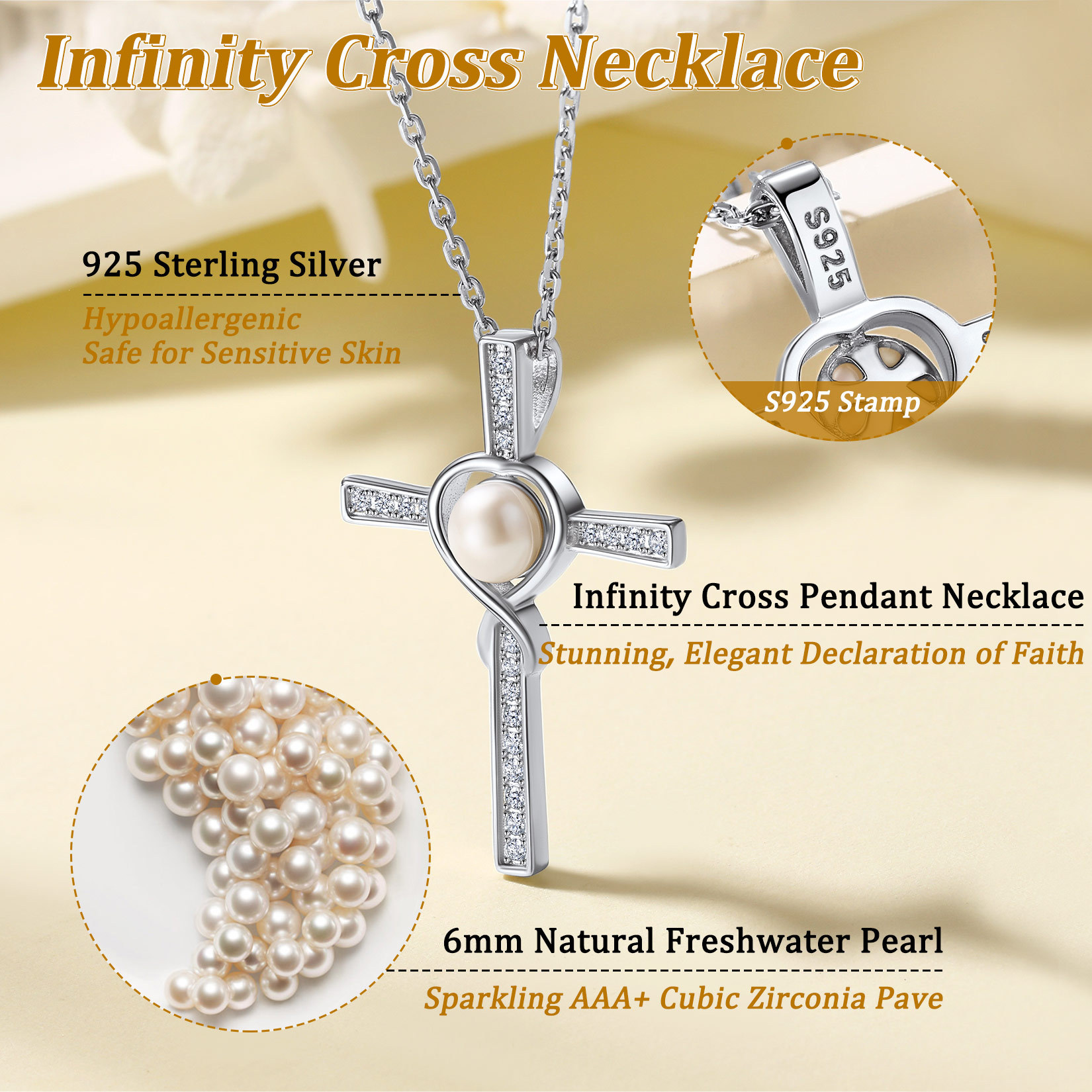 Collier Croix Infini en Argent Sterling 925 avec Perles pour Femme Détail
