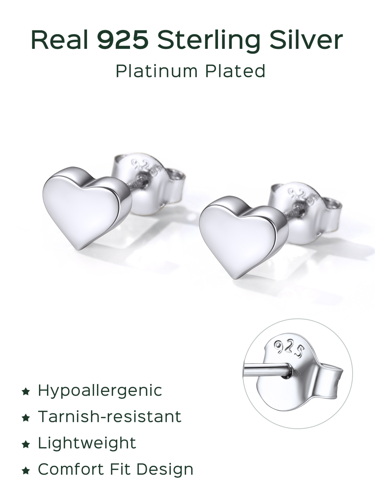 Boucles d'oreilles Clous en Argent Sterling 925 Cœur pour Femmes Détail