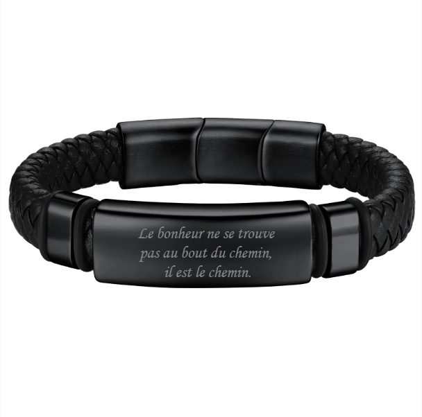 Bracelet Homme Personnalisé en Cuir Tressé avec Plaque Gravée en Acier 316L
