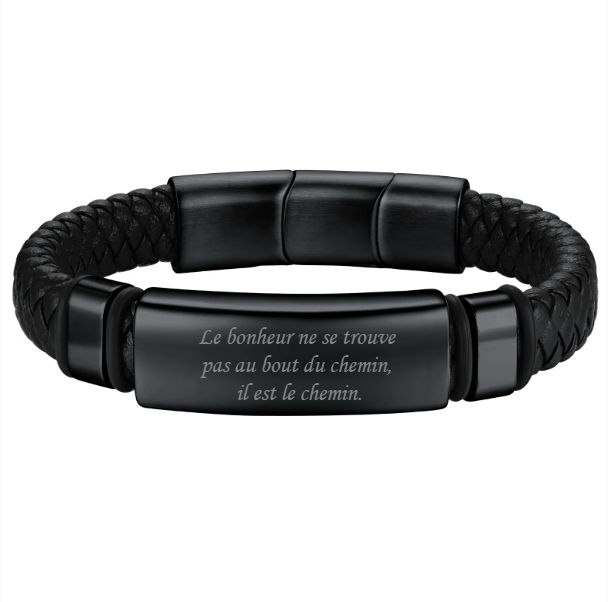 Bracelet Homme Personnalisé en Cuir Tressé avec Plaque Gravée en Acier 316L