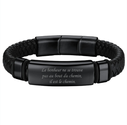 Bracelet Homme Personnalisé en Cuir Tressé avec Plaque Gravée en Acier 316L