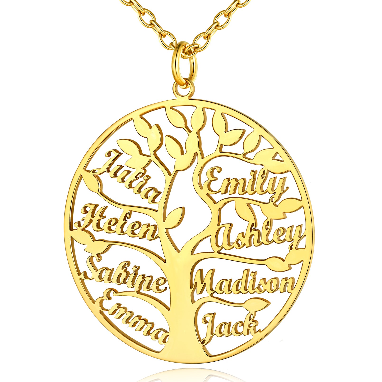 Collier Personnalisé Rond Arbre de Vie avec 8 Noms pour Famille Or