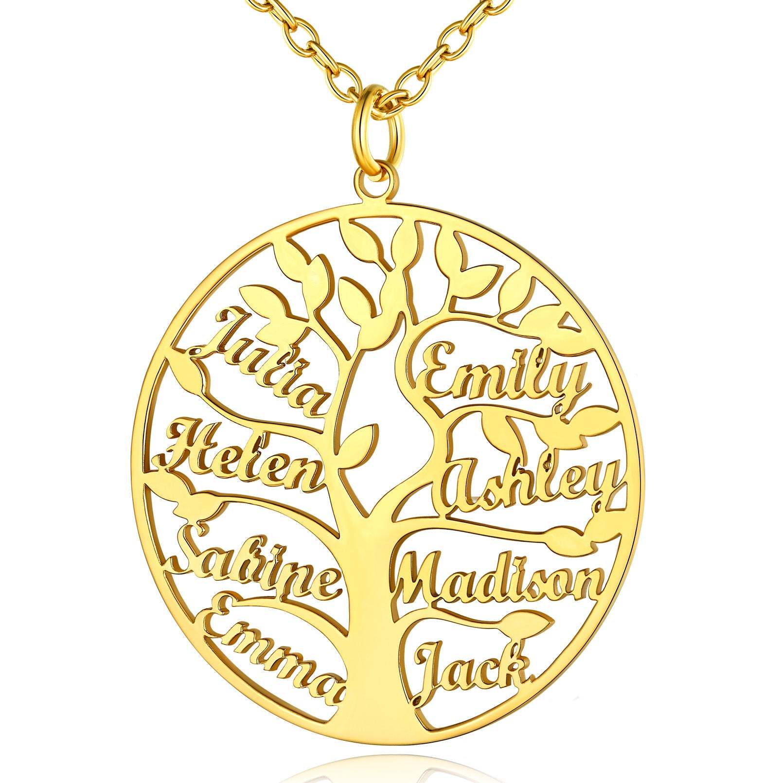 Collier Personnalisé Rond Arbre de Vie avec 8 Noms pour Famille Or