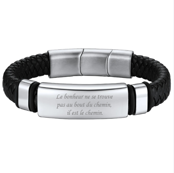 Bracelet Homme Personnalisé en Cuir Tressé avec Plaque Gravée en Acier 316L
