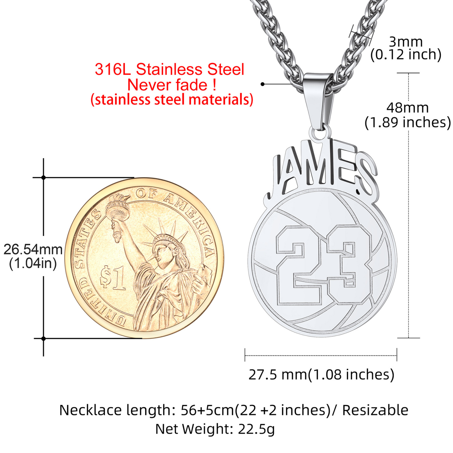  Collier Personnalisé Sport avec Numéro et Chaîne Réglable Taille Basket-ball