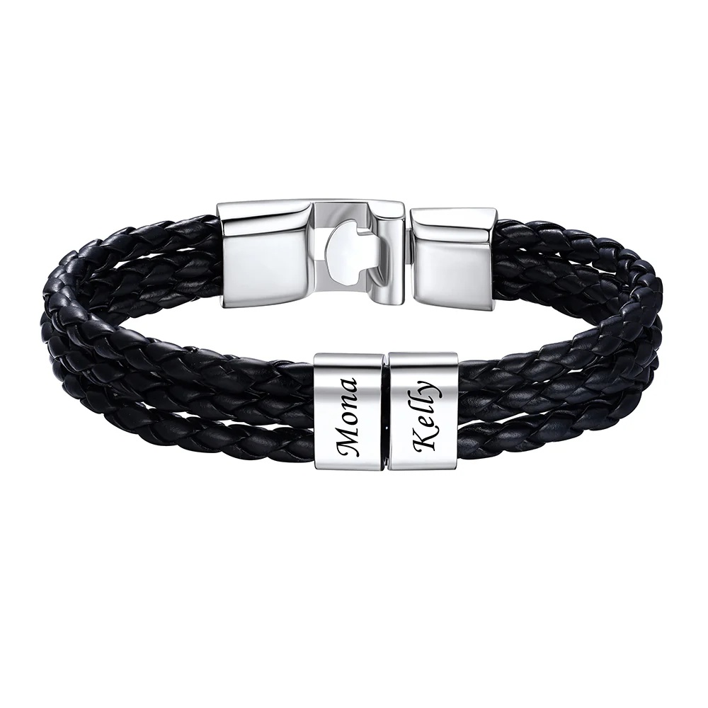 Bracelet en Cuir Homme  Personnalisé 2 Prénoms Gravé argenté