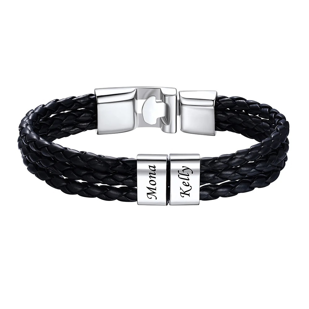 Bracelet en Cuir Homme  Personnalisé 2 Prénoms Gravé argenté