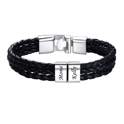 Bracelet en Cuir Homme  Personnalisé 2 Prénoms Gravé argenté