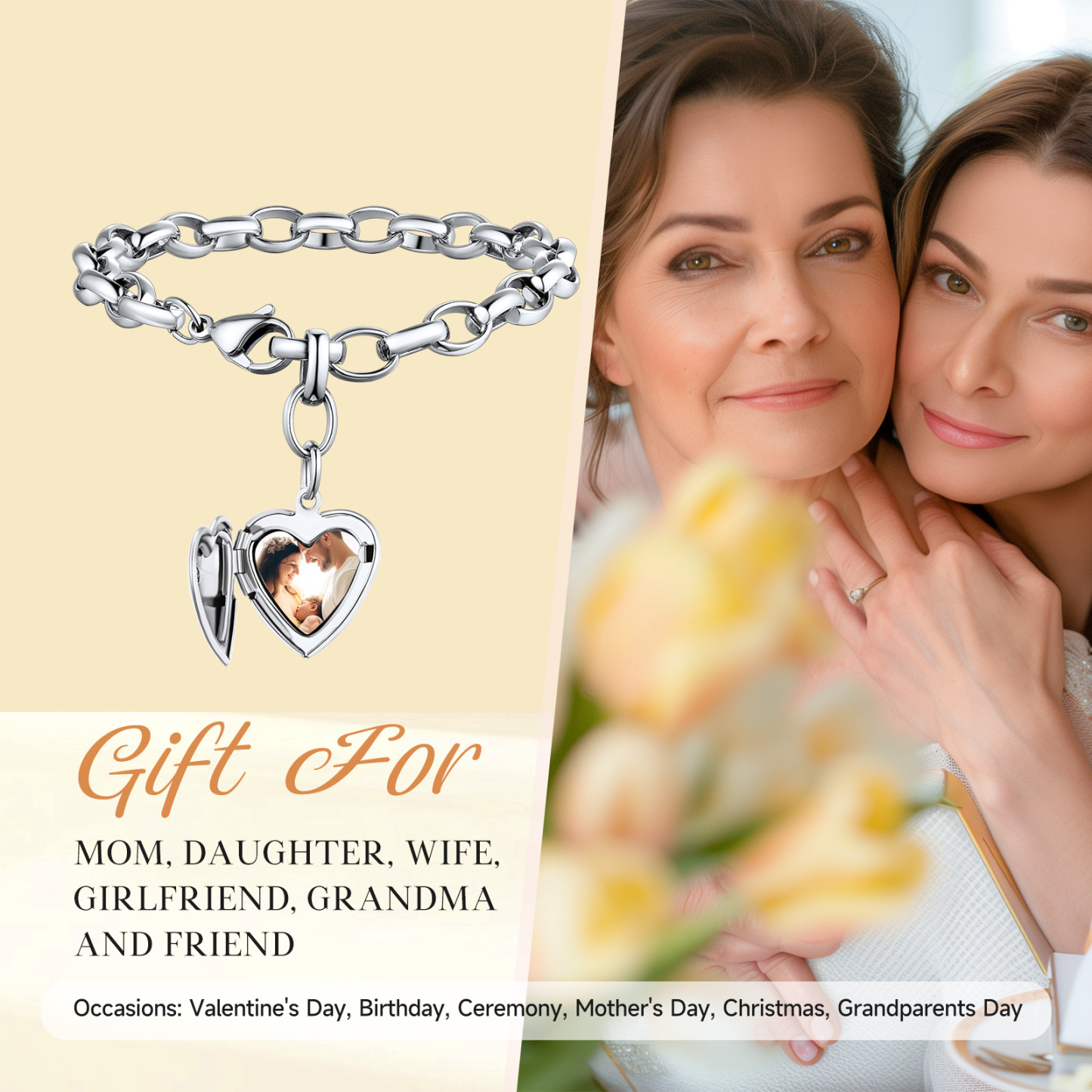  Bracelet Personnalisé avec Nom Gravé et Médaillon Photo Cœur Occasion