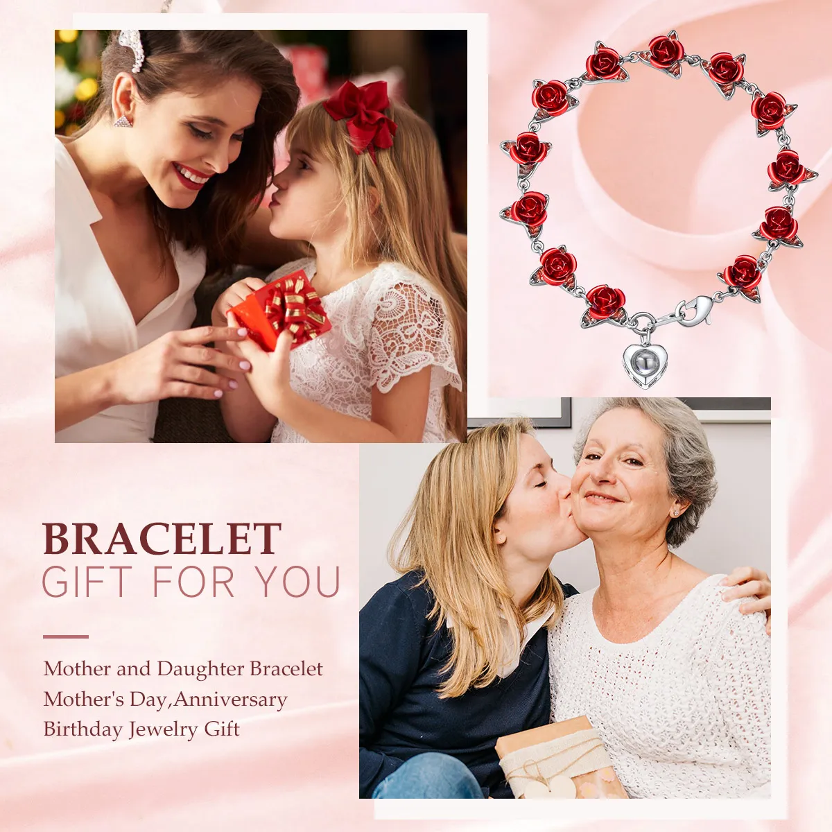 Bracelet Femme Personnalisé avec Photo et Roses Symboliques Pour maman