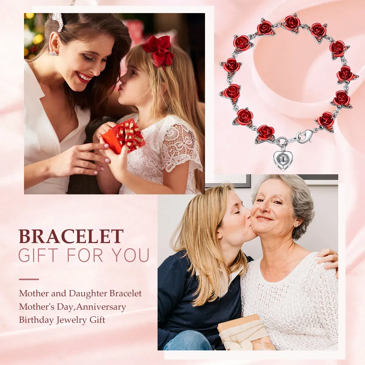 Bracelet Femme Personnalisé avec Photo et Roses Symboliques Pour maman