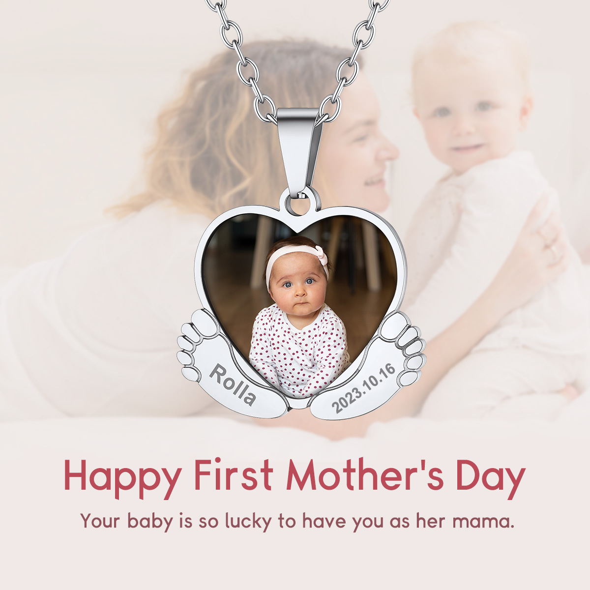 Collier Personnalisé Pieds de Bébé avec Photo pour Fête des mères