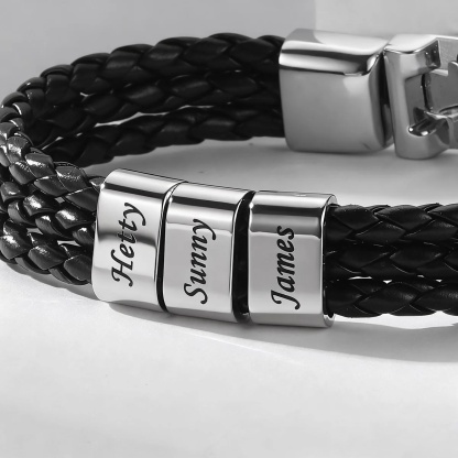 Bracelet en Cuir Homme  Personnalisé Prénoms Gravé perles argentés