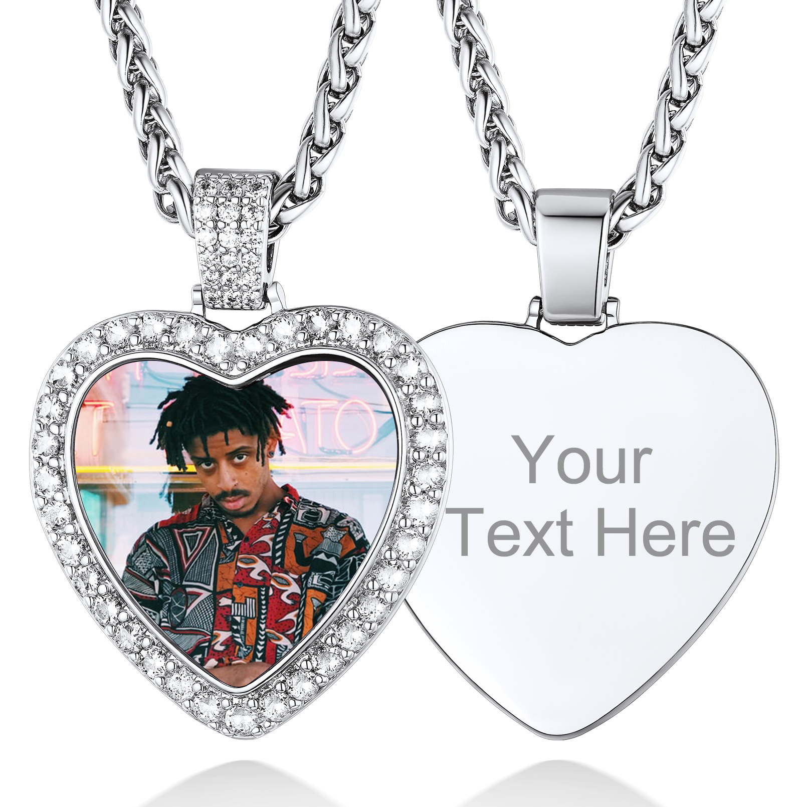 Collier Personnalisé avec Photo Cœur Pendentif Étincelant pour Homme Argenté