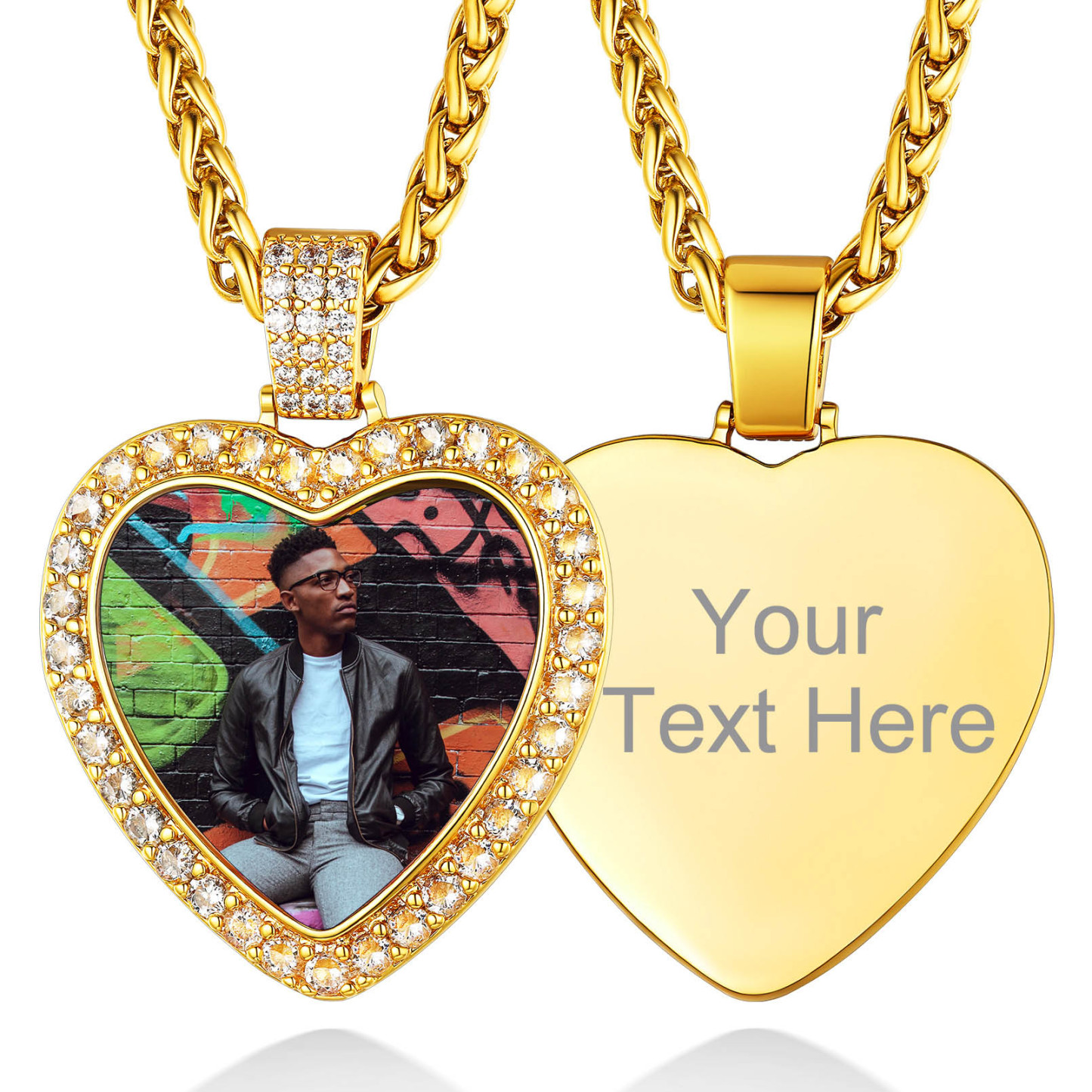 Collier Personnalisé avec Photo Cœur Pendentif Étincelant pour Homme Or