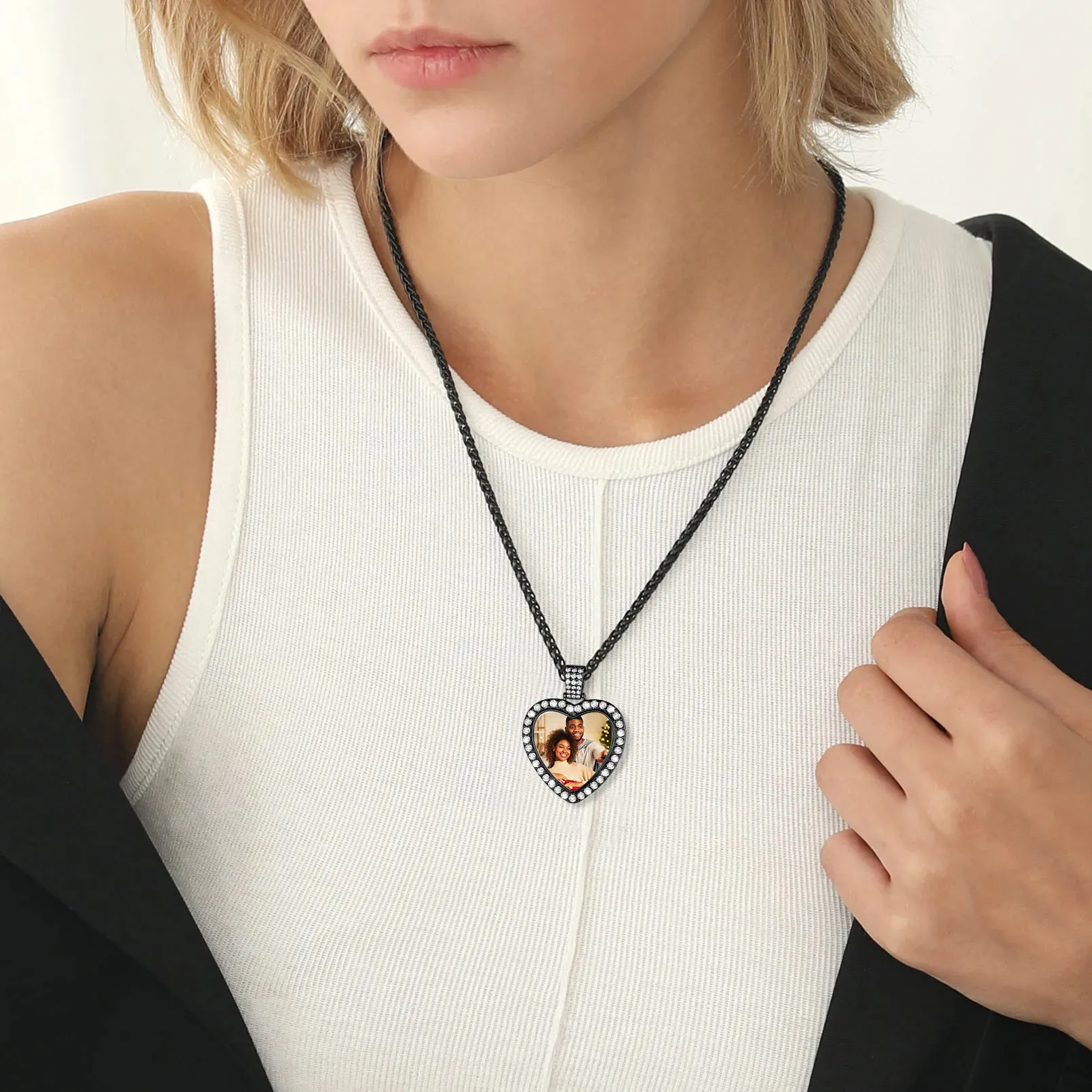 Collier Personnalisé avec Photo Cœur Pendentif Étincelant