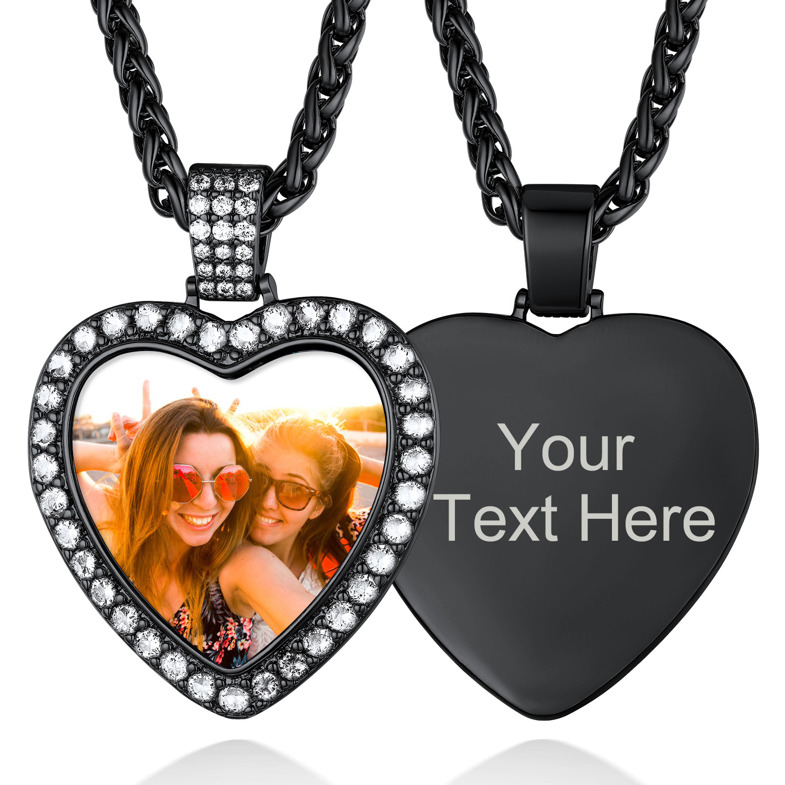 Collier Personnalisé avec Photo Cœur Pendentif Étincelant Noir