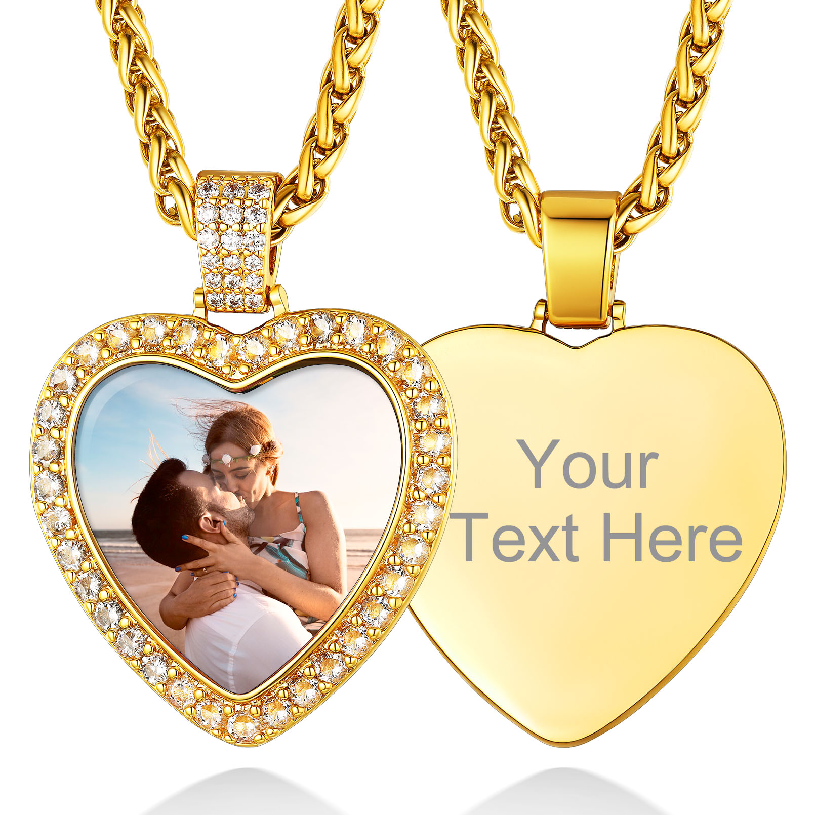 Collier Personnalisé avec Photo Cœur Pendentif Étincelant pour Homme