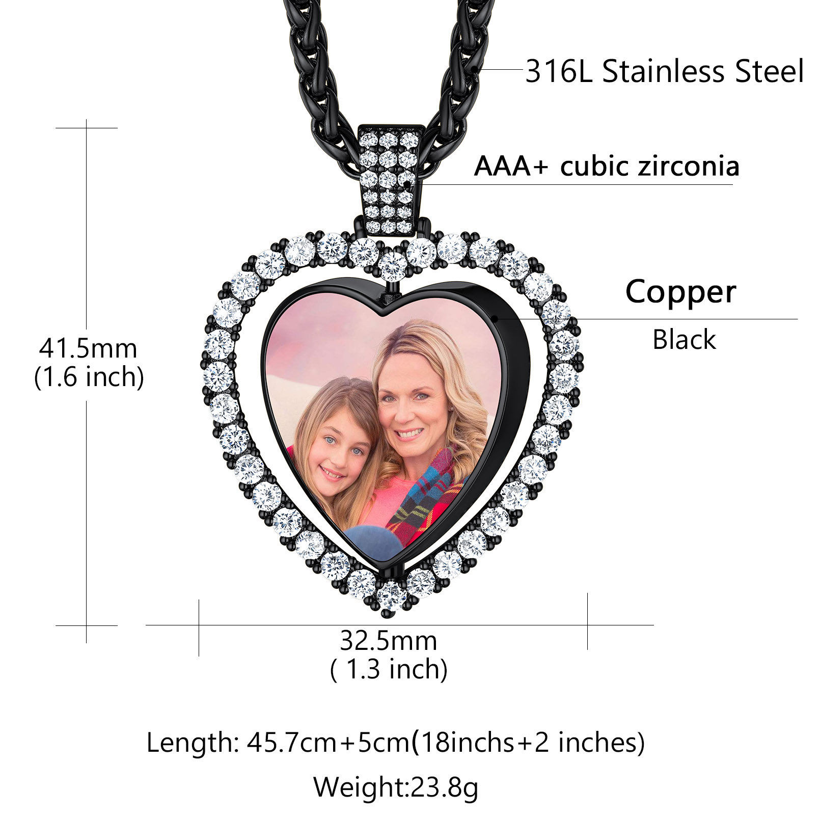 Collier Pendentif Cœur Personnalisé avec Photo et Strass Taille