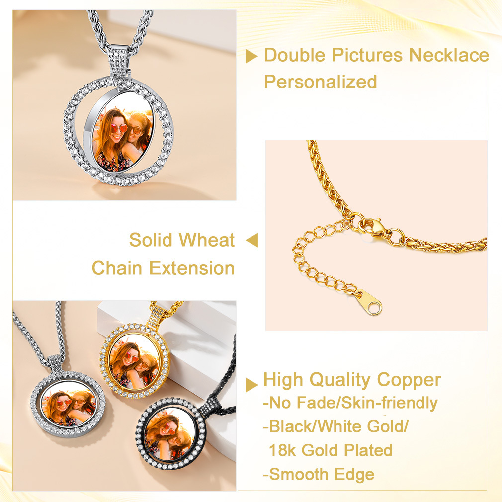 Collier Photo Rond Personnalisé Rotatif avec Zircon Cubique Détail