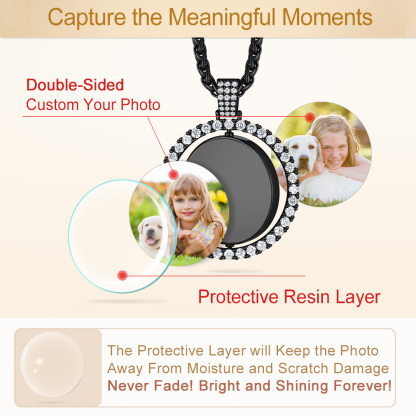 Collier Photo Rond Personnalisé Rotatif avec Zircon Cubique Protective