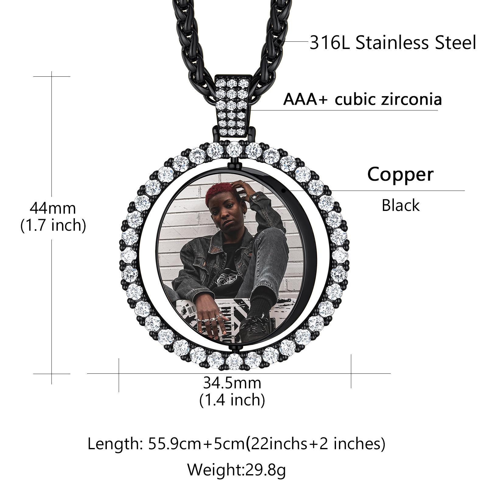 Collier Photo Rond Personnalisé Rotatif avec Zircon Cubique Taille
