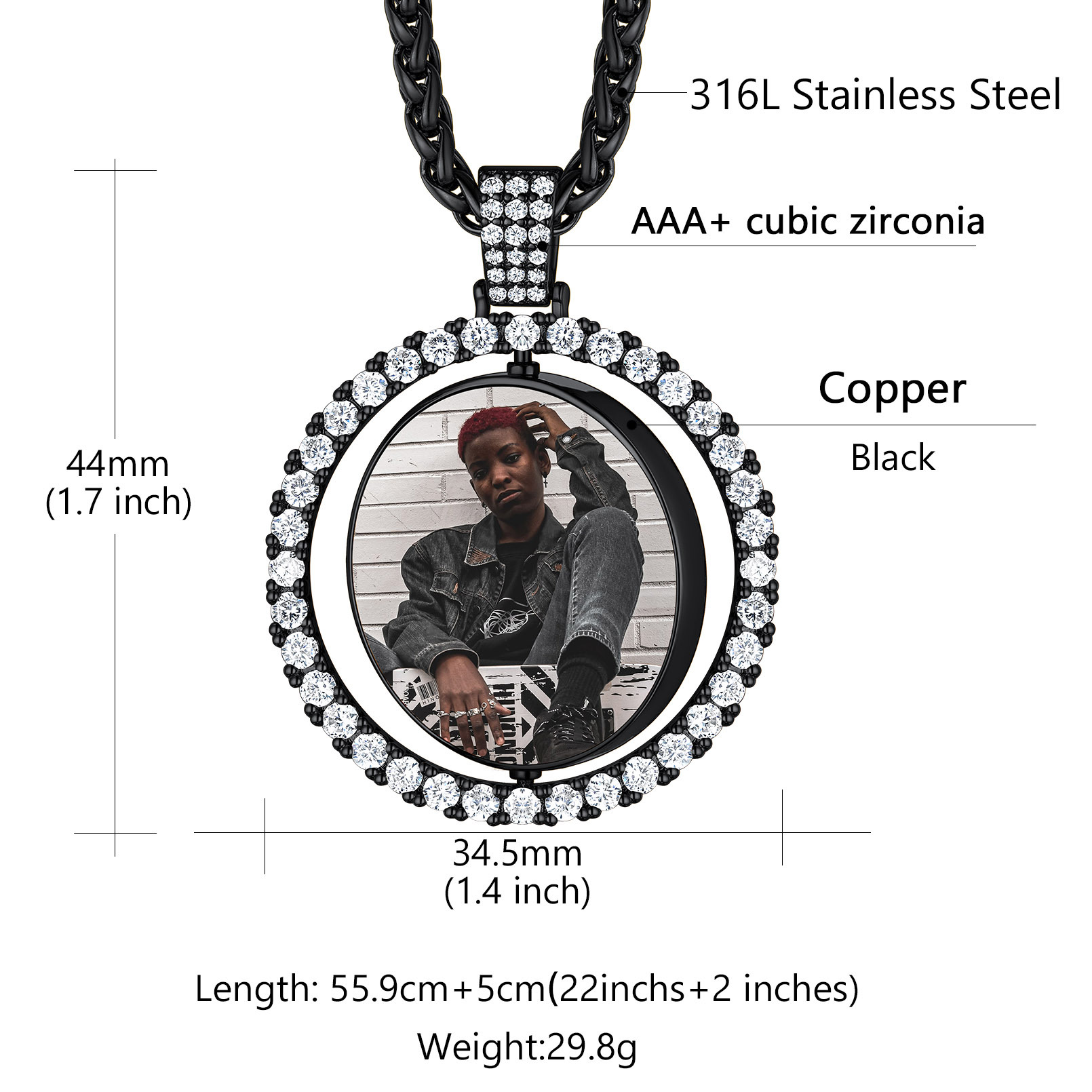 Collier Photo Rond Personnalisé Rotatif avec Zircon Cubique Taille