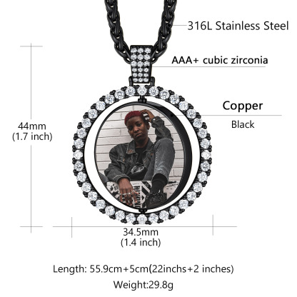 Collier Photo Rond Personnalisé Rotatif avec Zircon Cubique Taille