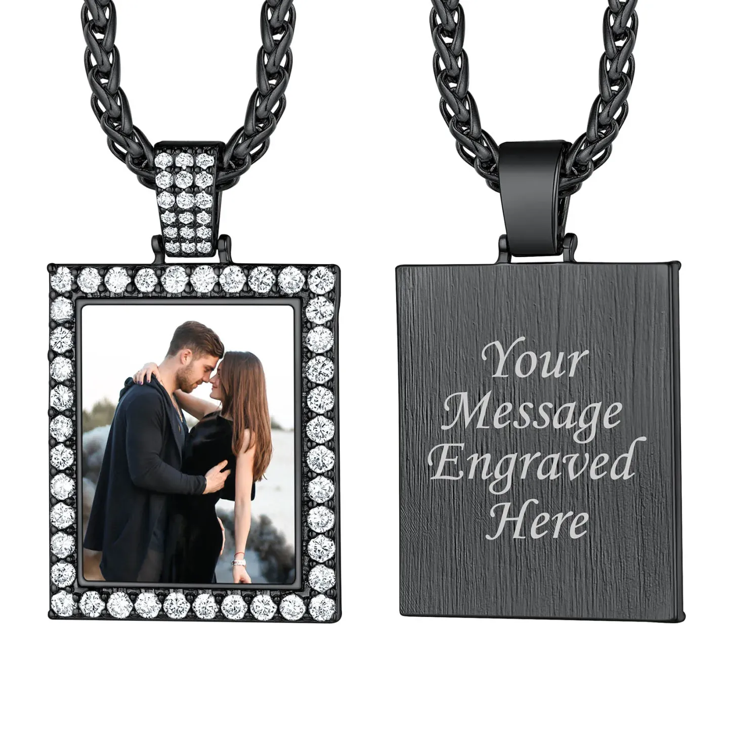 Collier Pendentif Personnalisé avec Photo et Zircon Cubique pour Hommes et Femmes Noir