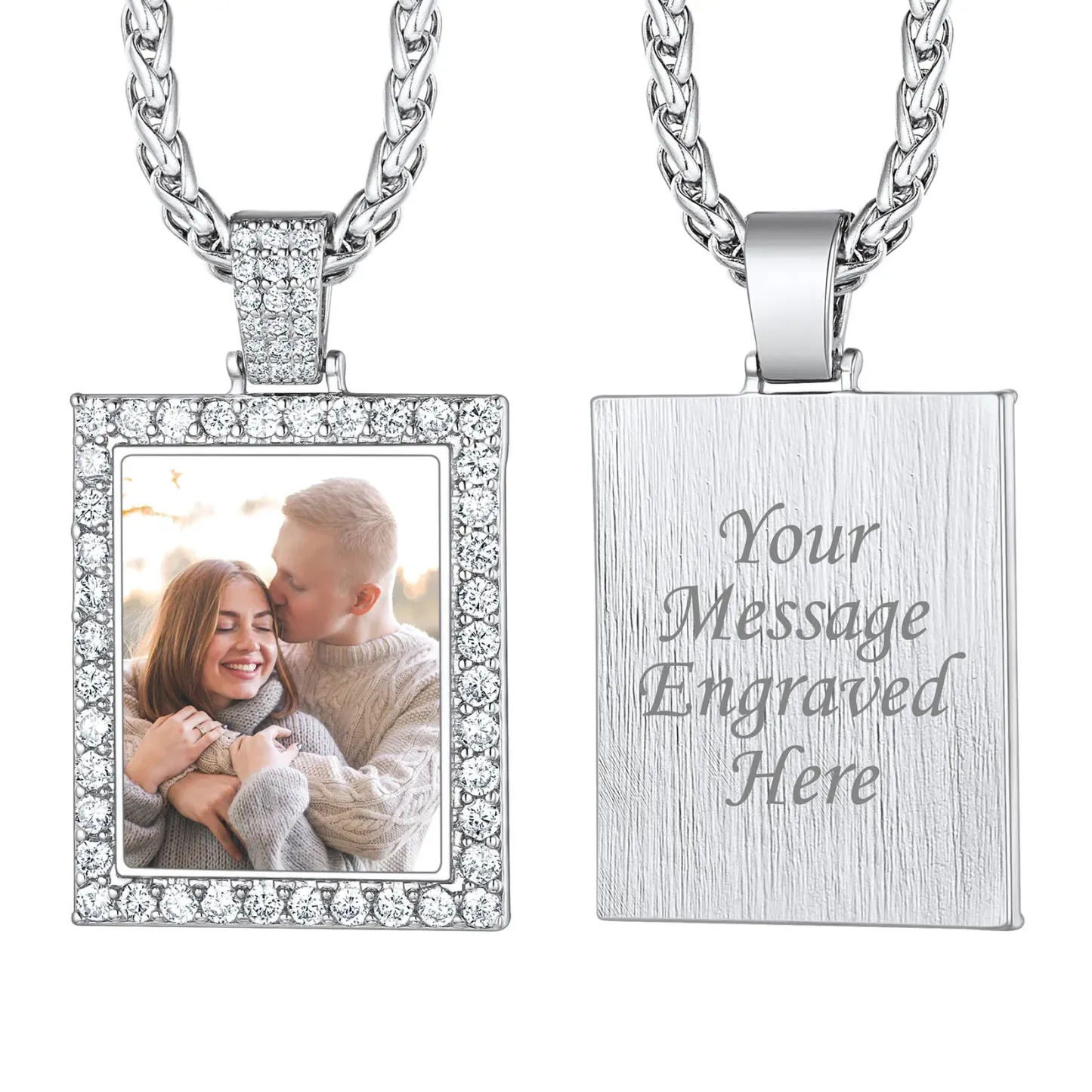 Collier Pendentif Personnalisé avec Photo et Zircon Cubique pour Hommes et Femmes Argenté