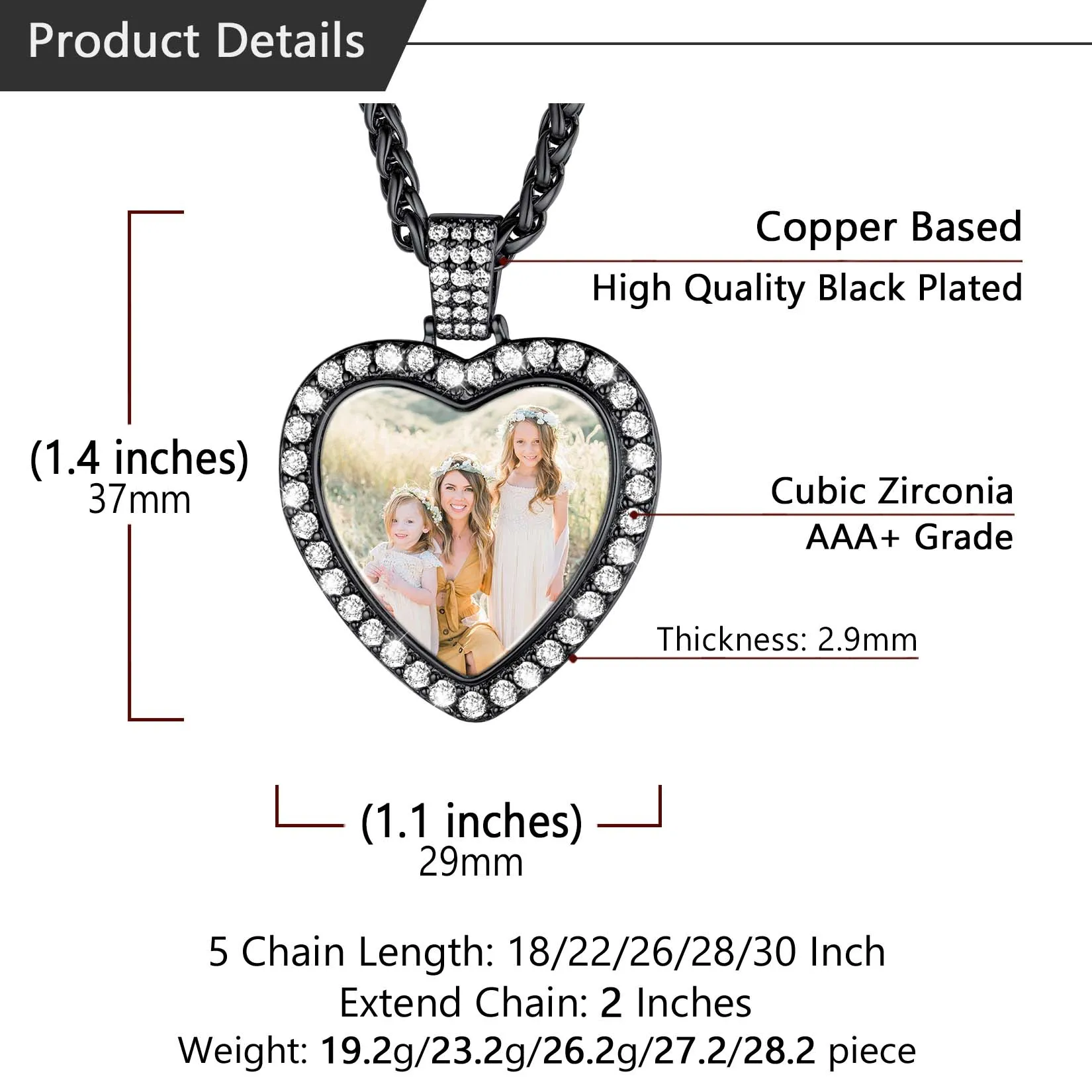 Collier Personnalisé avec Photo Cœur Pendentif Étincelant pour Homme Taille