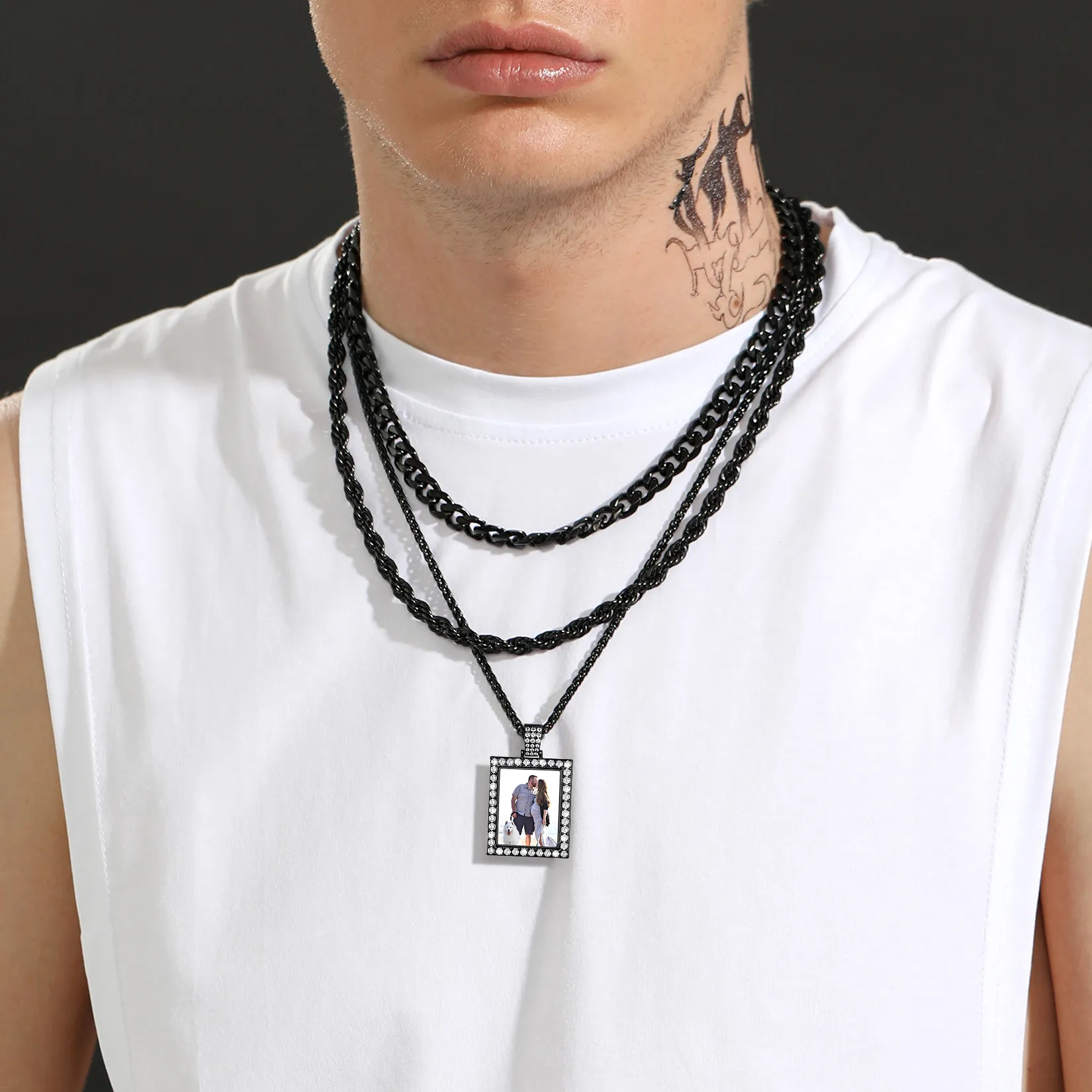 Collier Personnalisé avec Photo et Zircon Cubique pour Hommes et Femmes