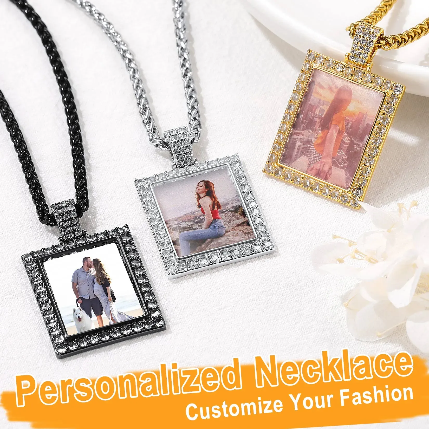 Collier Pendentif Personnalisé avec Photo et Zircon Cubique pour Hommes et Femmes Collection