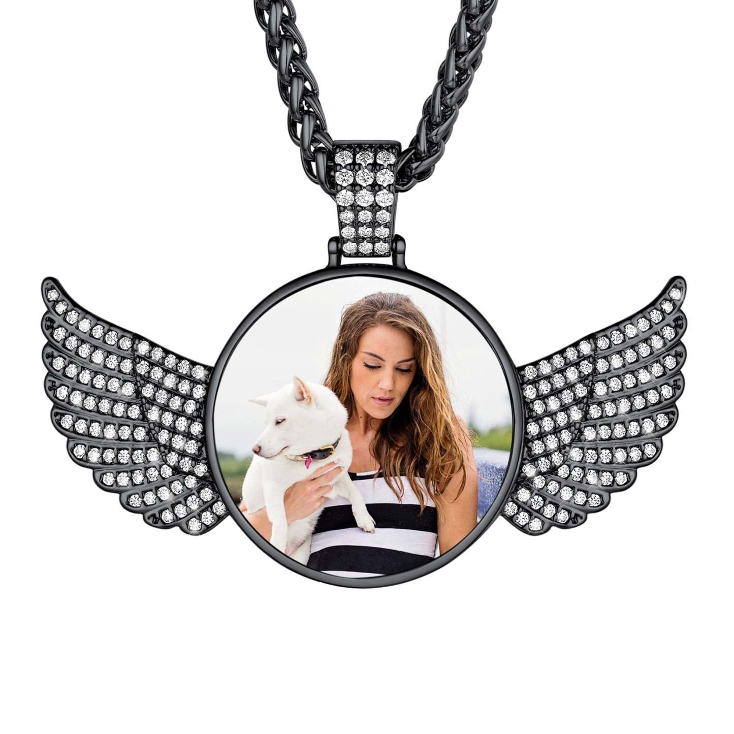 Collier Personnalisé avec Ailes d'Ange et Photo pour Femmes et Hommes Noir