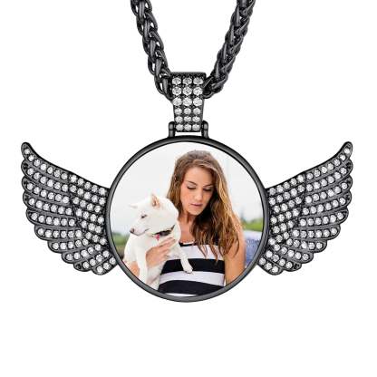 Collier Personnalisé avec Ailes d'Ange et Photo pour Femmes et Hommes Noir