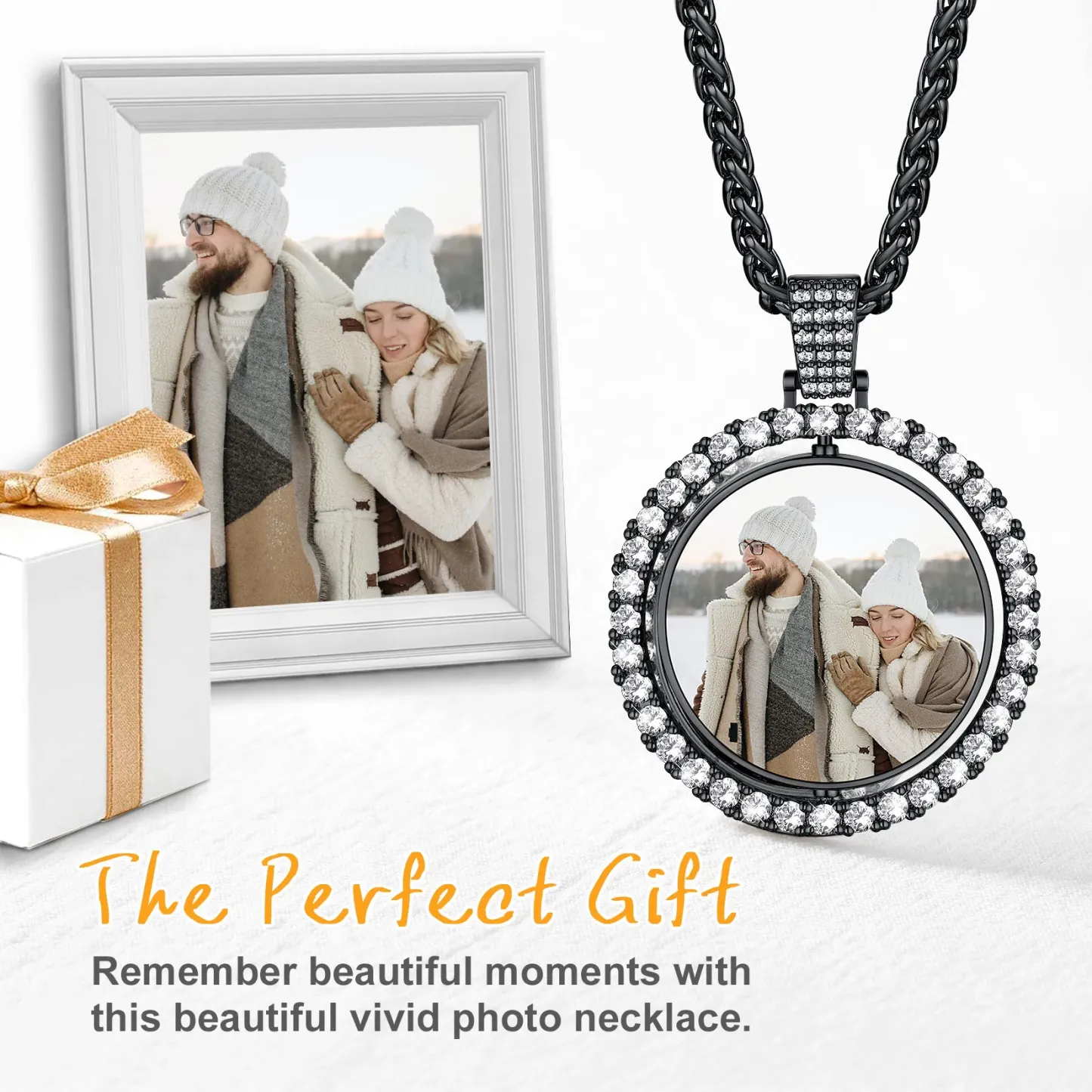 Collier Photo Rond Personnalisé Rotatif avec Zircon Cubique Cadeau