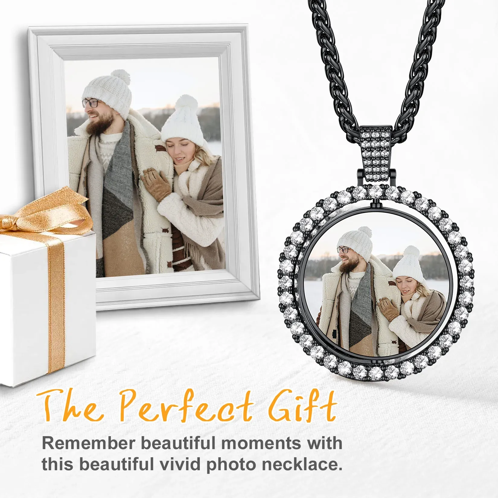 Collier Photo Rond Personnalisé Rotatif avec Zircon Cubique Cadeau