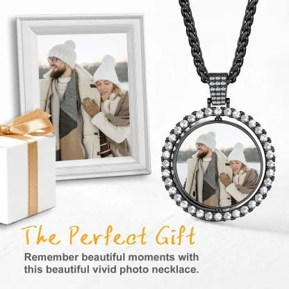 Collier Photo Rond Personnalisé Rotatif avec Zircon Cubique Cadeau