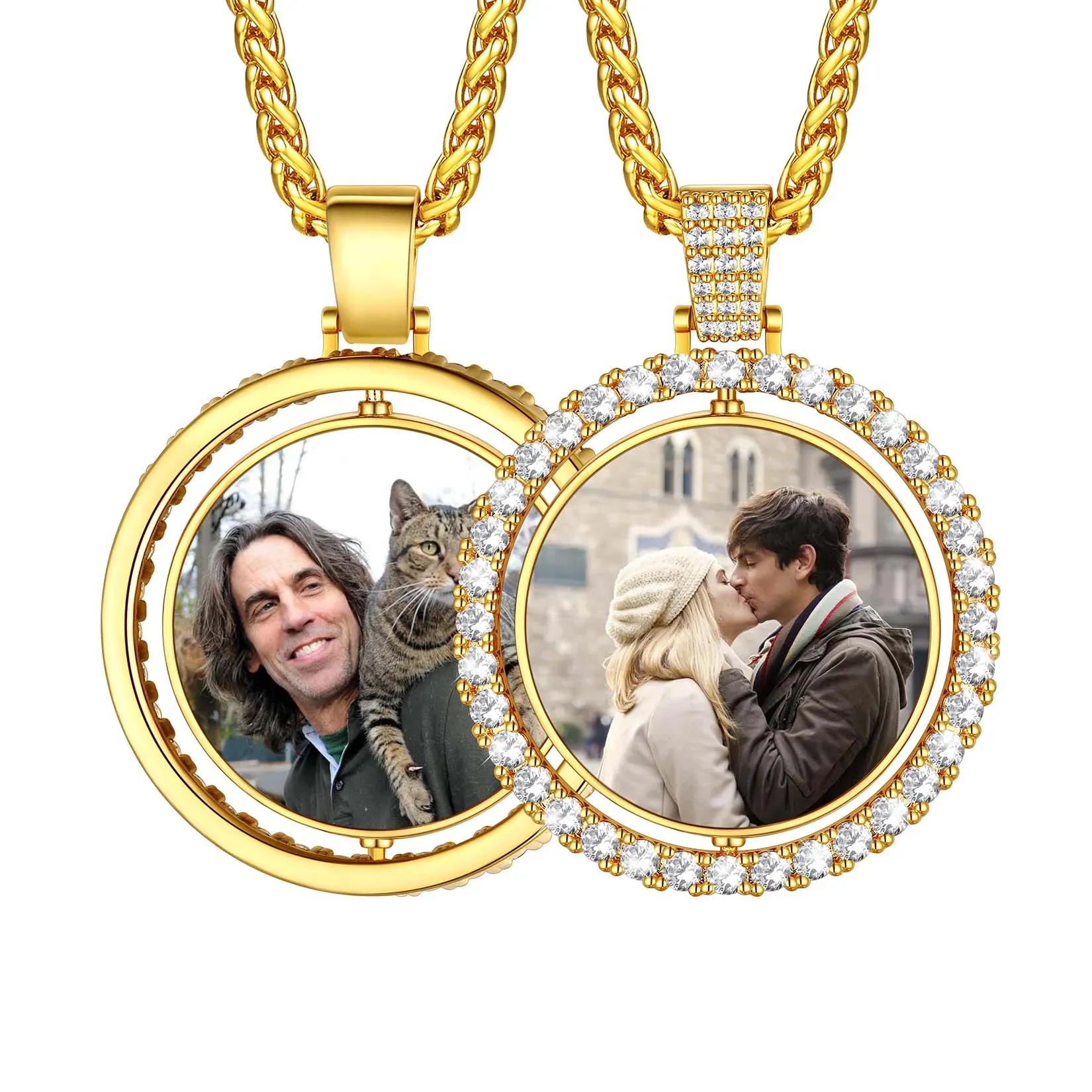 Collier Photo Rond Personnalisé Rotatif avec Zircon Cubique Or
